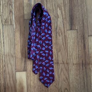 Retro Calvin Klein Burgundy and Blue Patterned Tie
